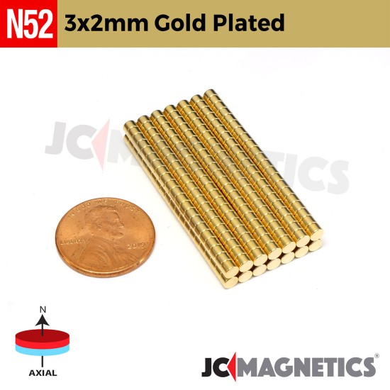 3mm x 2mm 1/8in x 5/64in N52 Gold Plated Disc Rare Earth Neodymium Magnets 3x2mm
