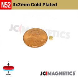 3mm x 2mm 1/8in x 5/64in N52 Gold Plated Disc Rare Earth Neodymium Magnets 3x2mm