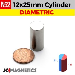 12mm x 25mm N52 Diametric Neodymium Magnet Cylinder 15/32" x 63/64" - 12x25mm