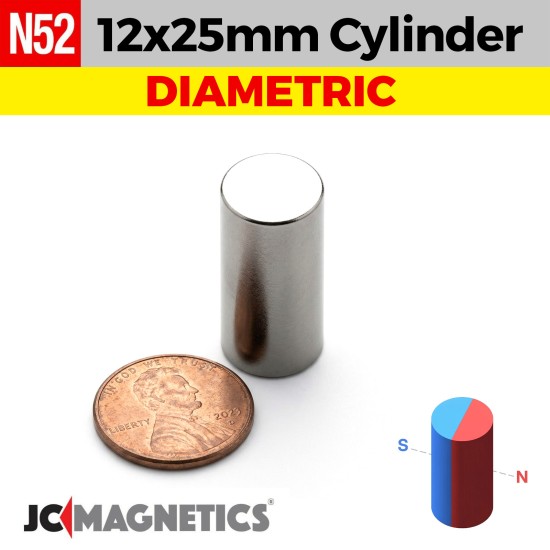 12mm x 25mm N52 Diametric Neodymium Magnet Cylinder 15/32" x 63/64" - 12x25mm 12mm x 25mm N52 Diametric Neodymium Magnet Cylinder 15/32" x 63/64" - 12x25mm