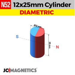 12mm x 25mm N52 Diametric Neodymium Magnet Cylinder 15/32" x 63/64" - 12x25mm