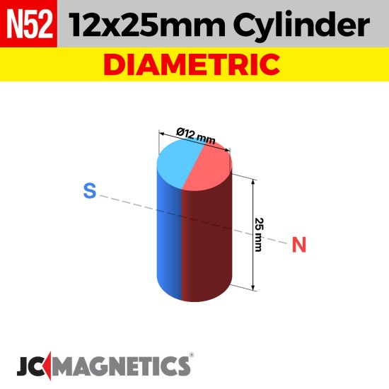 12mm x 25mm N52 Diametric Neodymium Magnet Cylinder 15/32" x 63/64" - 12x25mm 12mm x 25mm N52 Diametric Neodymium Magnet Cylinder 15/32" x 63/64" - 12x25mm