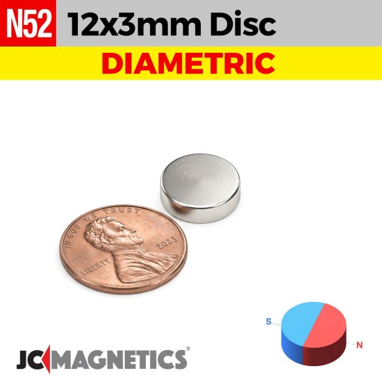 12mm x 3mm N52 Diametric Neodymium Magnet - 15/32" x 1/8" - 12x3mm