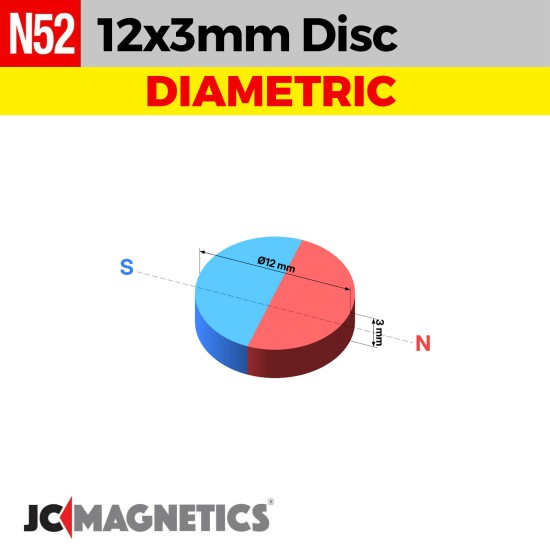 12mm x 3mm N52 Diametric Neodymium Magnet - 15/32" x 1/8" - 12x3mm