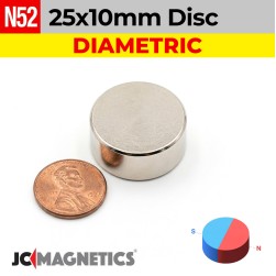 25mm x 10mm N52 Diametric Rare Earth Neodymium Disc Magnet - 25x10mm