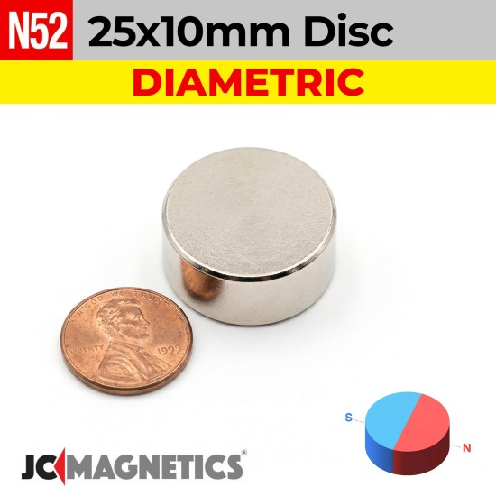 25mm x 10mm N52 Diametric Rare Earth Neodymium Disc Magnet - 25x10mm