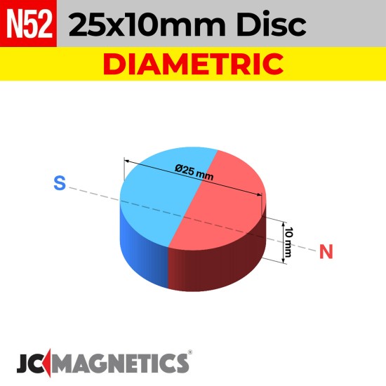 25mm x 10mm N52 Diametric Rare Earth Neodymium Disc Magnet - 25x10mm