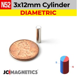 3mm x 12mm N52 Diametric Neodymium Cylinder Magnet - 1/8" x 15/32" - 3x12mm