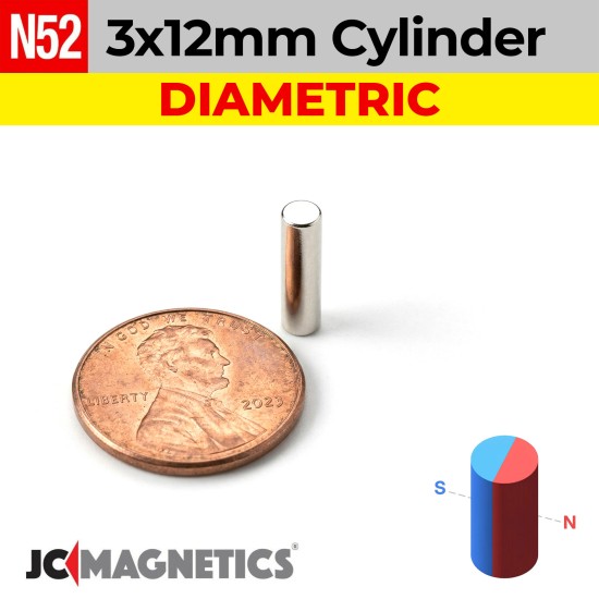 3mm x 12mm N52 Diametric Neodymium Cylinder Magnet - 1/8" x 15/32" - 3x12mm