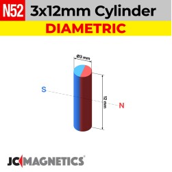 3mm x 12mm N52 Diametric Neodymium Cylinder Magnet - 1/8" x 15/32" - 3x12mm