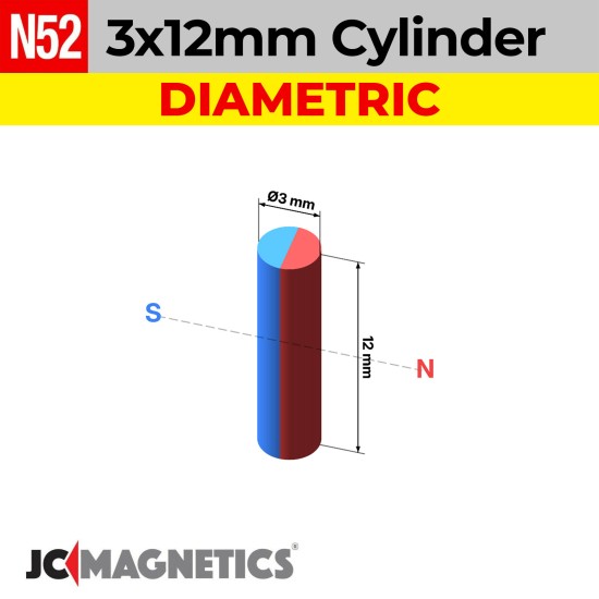 3mm x 12mm N52 Diametric Neodymium Cylinder Magnet - 1/8" x 15/32" - 3x12mm