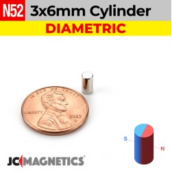 3mm x 6mm N52 Diametric Neodymium Cylinder Rare Earth Magnet - 1/8" x 15/64" - 3x6mm
