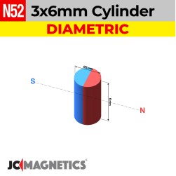 3mm x 6mm N52 Diametric Neodymium Cylinder Rare Earth Magnet - 1/8" x 15/64" - 3x6mm