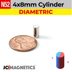 4mm x 8mm N52 Diametric Neodymium Cylinder Magnet - 5/32" x 5/16" - 4x8mm