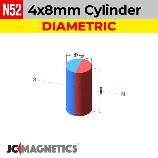 4mm x 8mm N52 Diametric Neodymium Cylinder Magnet - 5/32" x 5/16" - 4x8mm
