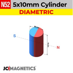 5mm x 10mm N52 Diametric Cylinder - 13/64" x 25/64" Rare Earth Neodymium Magnet 5x10mm