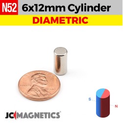 6mm x 12mm N52 Diametric Neodymium Magnet - 15/64" x 15/32" Rod 6x12mm