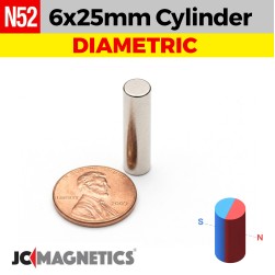 6mm x 25mm N52 Diametric Cylinder - 15/64" x 63/64" Rare Earth Neodymium Magnet 6x25mm