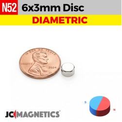 6mm x 3mm N52 Diametric Neodymium Magnet Disc 15/64" x 1/8" - 6x3mm