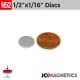 1/2in x 1/16in N52 Rare Earth Neodymium Magnet Discs 12.7x1.58mm