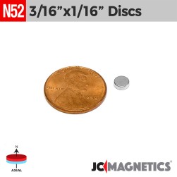 3/16in x 1/16in N52 Discs Rare Earth Neodymium Magnet