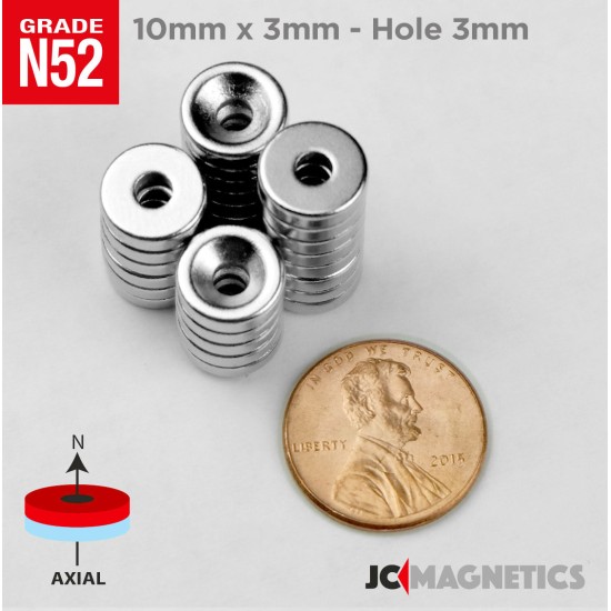 10mm x 3mm x Hole 3mm N52 Countersunk Ring Rare Earth Neodymium Magnet 10x3mm H3mm