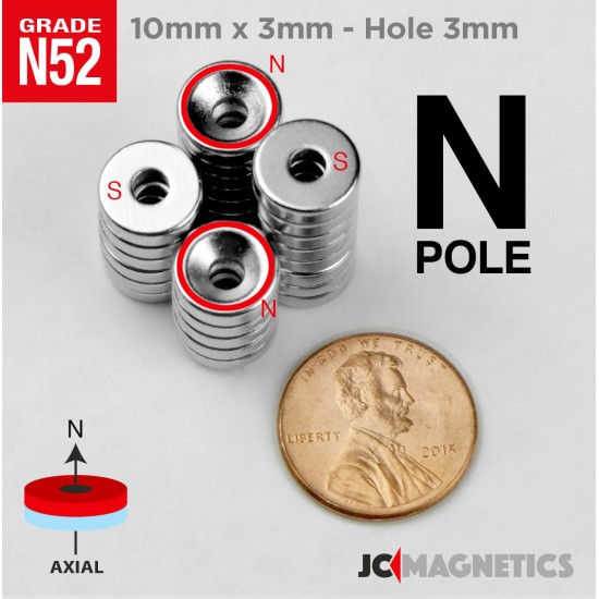 10mm x 3mm x Hole 3mm N52 Countersunk Ring Rare Earth Neodymium Magnet 10x3mm H3mm
