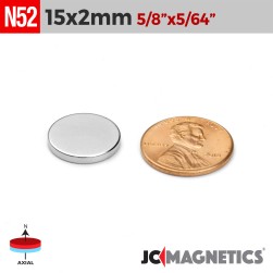 15mm x 2mm 19/32in x 5/64in N52 Discs Rare Earth Neodymium Magnet 15x2mm