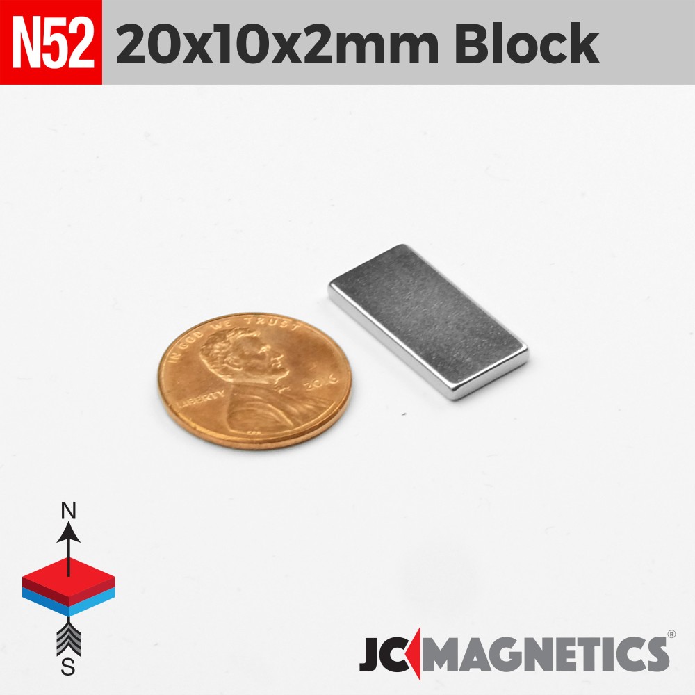 20mm x 10mm x 2mm N52 neodymium magnet blocks 25/32in x 25/64in x