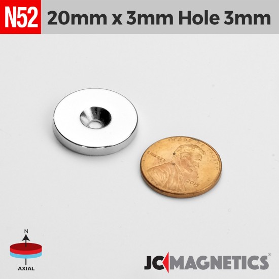 20mm x 3mm x Hole 3mm N52 Countersunk Ring Rare Earth Neodymium Magnet 20x3mm H3mm