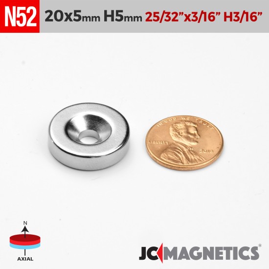 20mm x 5mm x Hole 5mm N52 Countersunk Ring Rare Earth Neodymium Magnet 20x5mm H5mm