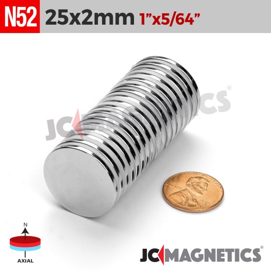 25mm x 2mm 63/64in x 5/64in N52 Discs Rare Earth Neodymium Magnet 25x2mm