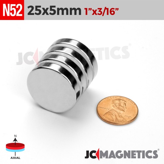 25mm x 5mm 63/64in x 13/64in N52 Discs Rare Earth Neodymium Magnet 25x5mm