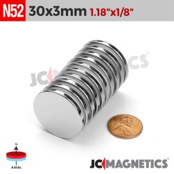 30mm x 3mm 1 3/16in x 1/8in N52 Discs Rare Earth Neodymium Magnet 30x3mm
