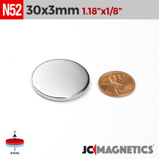 30mm x 3mm 1 3/16in x 1/8in N52 Discs Rare Earth Neodymium Magnet 30x3mm