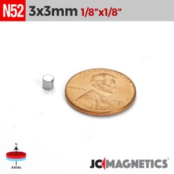 3mm x 3mm 1/8in x 1/8in N52 Cylinder Disc Rare Earth Neodymium Magnets 3x3mm