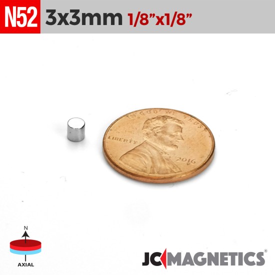 3mm x 3mm 1/8in x 1/8in N52 Cylinder Disc Rare Earth Neodymium Magnets 3x3mm
