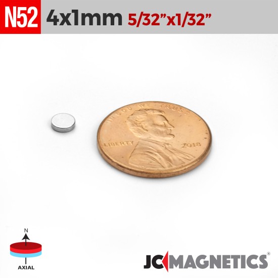 100pcs 4mm x 1mm 5/32" x 1/32" N52 Thin Discs Rare Earth Neodymium Magnets 4x1mm