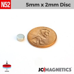 5mm x 2mm 13/64in x 5/64in N52 Discs Rare Earth Neodymium Magnet 5x2mm