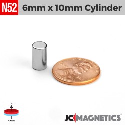 6mm x 10mm 15/64in x 25/64in N52 Cylinder Rare Earth Neodymium Magnet 6x10mm