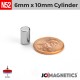 6mm x 10mm 15/64in x 25/64in N52 Cylinder Rare Earth Neodymium Magnet 6x10mm