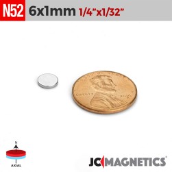 6mm x 1mm 15/64in x 1/32in N52 Thin Discs Rare Earth Neodymium Magnet 6x1mm