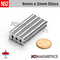 6mm x 2mm 15/64in x 5/64in N52 Discs Rare Earth Neodymium Magnet 6x2mm