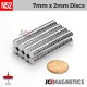 7mm x 2mm 9/32in x 5/64in N52 Discs Rare Earth Neodymium Magnet 7x2mm