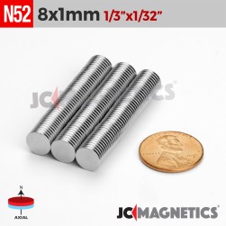 8mm x 1mm 5/16in x 1/32in N52 Thin Discs Rare Earth Neodymium Magnet 8x1mm