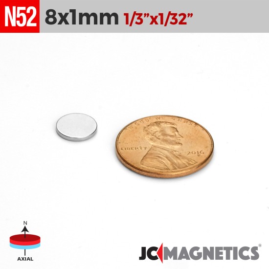 8mm x 1mm 5/16in x 1/32in N52 Thin Discs Rare Earth Neodymium Magnet 8x1mm