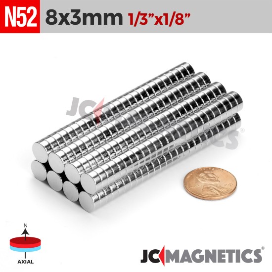 8mm x 3mm 5/16in x 1/8in N52 Discs Rare Earth Neodymium Magnet 8x3mm