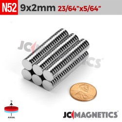 9mm x 2mm 23/64in x 5/64in N52 Discs Rare Earth Neodymium Magnet 9x2mm