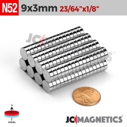 9mm x 3mm 23/64in x 1/8in N52 Discs Rare Earth Neodymium Magnet 9x3mm