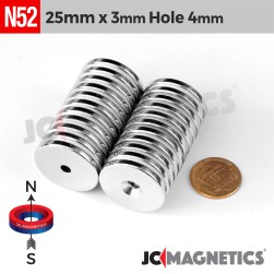 25mm x 3mm x Hole 4mm N52 Countersunk Ring Rare Earth Neodymium Magnet 25x3mm H4mm